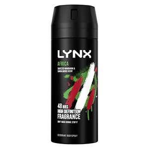 Lynx Africa 48 hours of odour-busting zinc tech deodorant 150ml £2.25 / £2.14 Subscribe & Save + 15% Voucher on 1st S&S @ Amazon