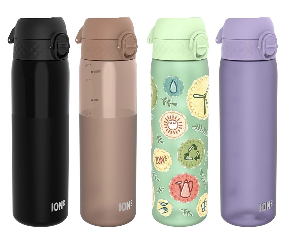 Ion8 Water Bottle, 500 ml/18 oz, Leak Proof, Easy to Open, Secure Lock, Dishwasher Safe, BPA Free | Black / Mocha / Purple / Eco Green