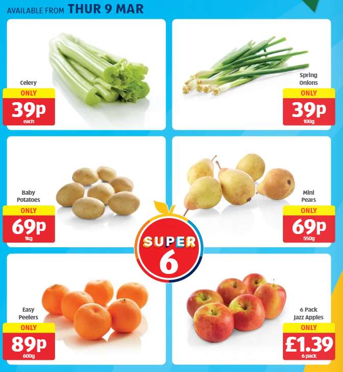 Aldi super 6 from 9/03/23. Celery, Spring onions,Baby Potaoes, Mini Pears, Easy Peelers, Apples from 39p