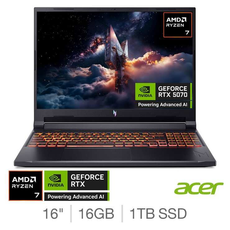 Acer Nitro V16 AI, AMD Ryzen 7, 16GB RAM, 1TB SSD, NVIDIA GeForce RTX 5070, 16 Inch Gaming Laptop