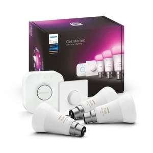 Philips Hue White & Colour Ambiance Starter Kit: Smart Bulb 3x Pack LED [B22] incl. Bridge and Smart Button - 1100 Lumen