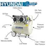 Hyundai 50 Litre Air Compressor, 11CFM/100psi, Oil Free, Low Noise, Electric 2hp 230v Direct Drive, Lightweight, 11CFM/300 litres per Minute