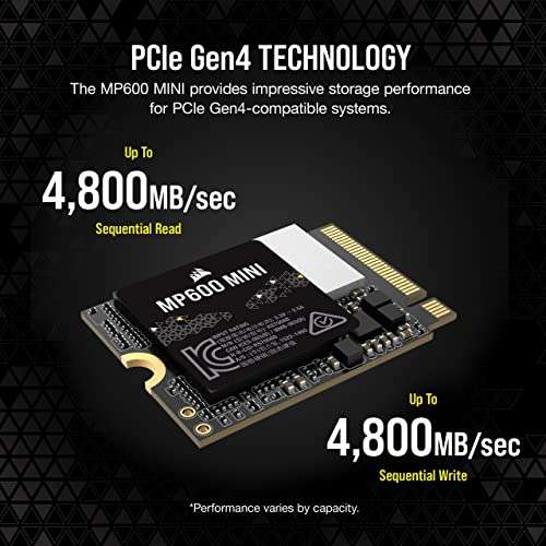 1TB - Corsair MP600 MINI M.2 2230 PCIe 4.0 NVMe SSD - 4800MB/s, 3D TLC, 1100k IOPS, 600 TBW (Steam Deck/ASUS ROG Ally/MS Surface Compatible)