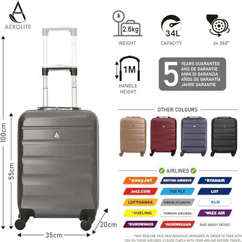 Aerolite Lightweight 55cm Hard Shell 34L Travel Carry On Hand Cabin Luggage sold and dispatched by Packed Direct