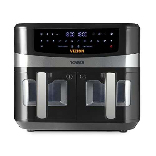 Tower, T17100, Vortx Vizion 9L Dual Basket Air Fryer with Digital control panel & 10 One-touch Pre-sets, Black