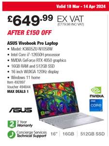 ASUS Vivobook 16X, Intel Core i7, 16GB RAM, 512GB SSD, NVIDIA GeForce RTX 4050, 16 Inch Laptop, K3605ZU-N1058W