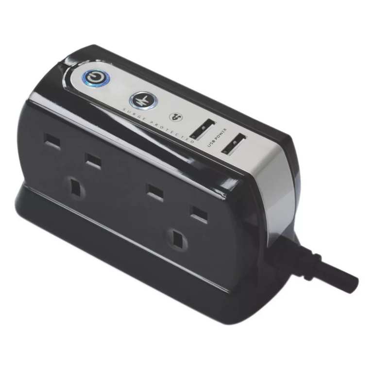 Masterplug 13A 4-Gang Unswitched Surge-Protected Extension Lead + 2.1A 2-Outlet Type A USB Charger Gloss Black 1m (5427G) (Free C&C)