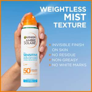 3 for 2 Garnier Ambre Solaire SPF 50+ Sensitive Advanced Dry Mist Sun Cream Spray 150ml non greasy sunscreen (£13.58 - £15.18 with s&s)