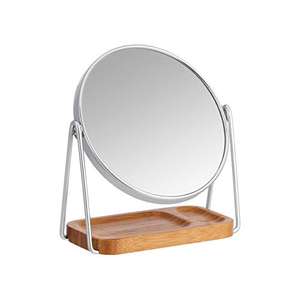 Amazon Basics Round Dressing Tabletop Mount Mirror with Squared Bamboo Tray --1X/5X Magnification, White, 19.5 cm x 8.5 cm (L x W)