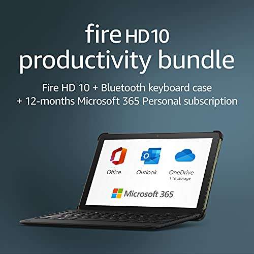 Fire HD 10 tablet, 32 GB, Black, with Ads + Bluetooth keyboard + 12-month Microsoft 365 Personal subscription £5.99 @ Amazon