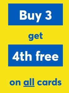 Buy 3 cards get 4th free on all cards. Includes photo cards. Online or in store. Prices start 99p