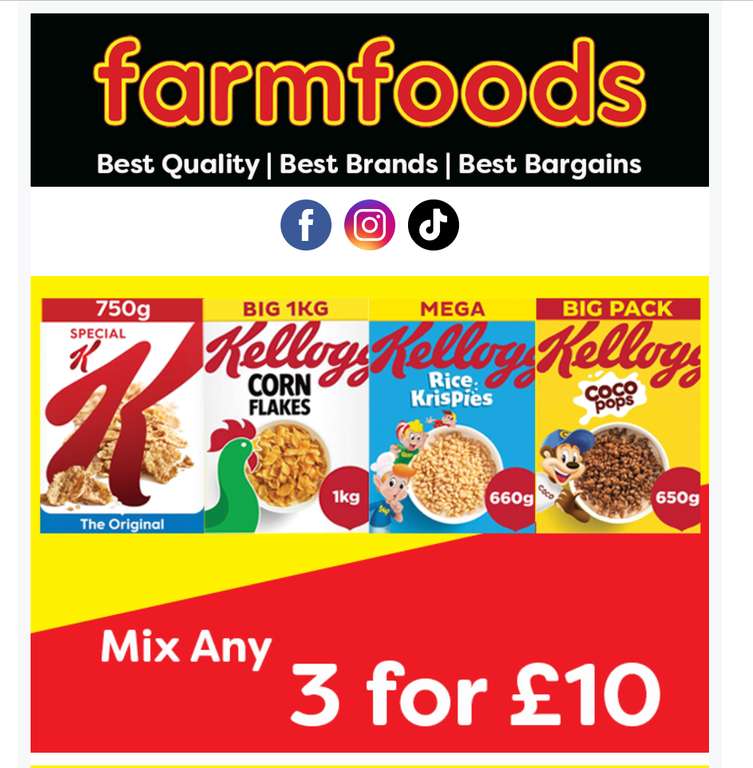 Kelloggs Cereals 3 for £10, Huge One Pizzas £3.49, Signature Ice Creams ...