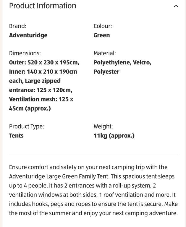 Adventuridge Large Green Family Tent - £99.99 / £102.94 delivered @ Aldi