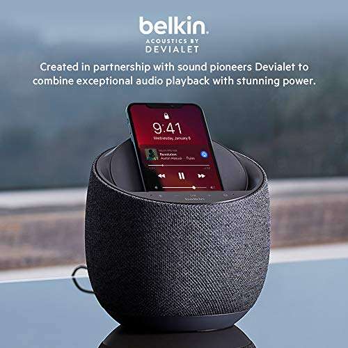 Belkin SoundForm Elite Hi-Fi Smart Speaker + Wireless Charger (Voice-Controlled Bluetooth Speaker, Sound by Devialet, AirPlay2) - Black