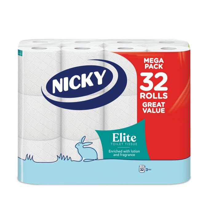 32 Rolls of Nicky Elite 3 Ply Quilted Toilet Roll