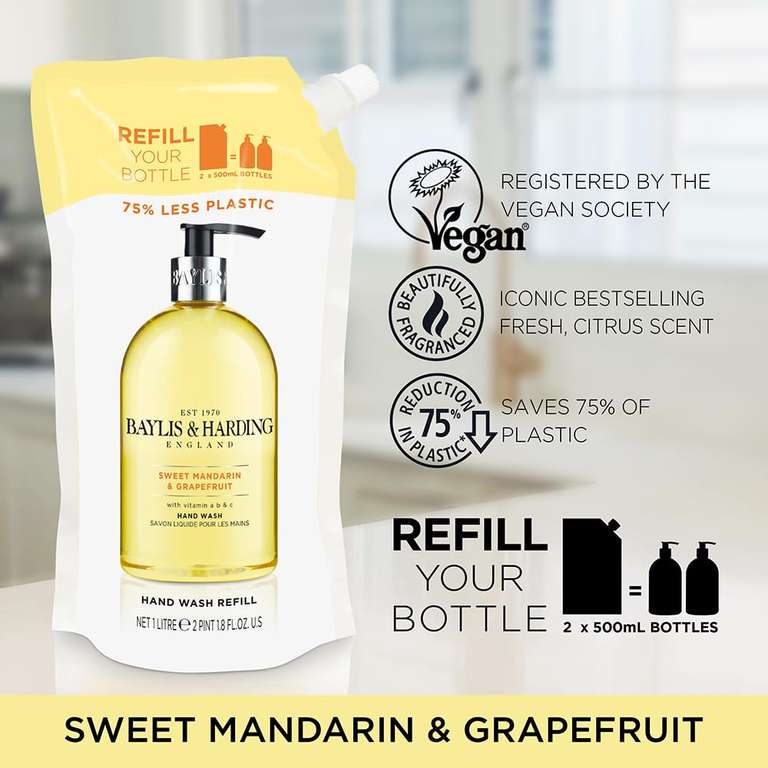 Baylis & Harding Sweet Mandarin & Grapefruit Hand Wash 1 litre Refill Pouch (Pack of 3) - £7.20 with 15% Voucher and 5% S&S