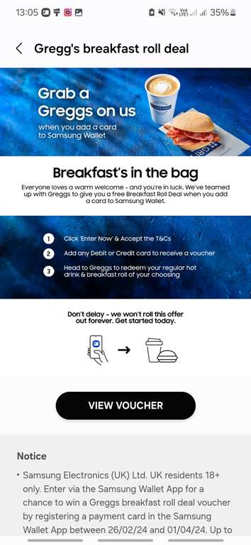 Free Greggs Breakfast Roll Deal (when adding card to Samsung wallet)