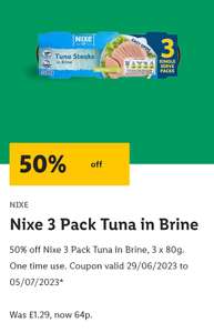 Nixe 3x80g Pack Tuna 50% off with voucher when using the lidl plus app (selected accounts) - £0.64 @ Lidl