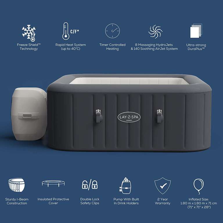 Lay-Z-Spa Hawaii Hot Tub, 8 HydroJet Pro Massage System Inflatable Spa with Freeze Shield Technology and Sociable Square Shape, 4-6 Person