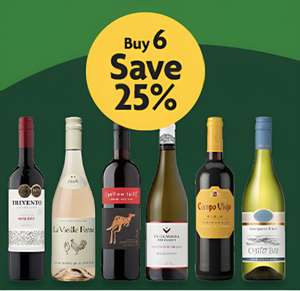 25% off when you buy 6 bottles of selected Wine
