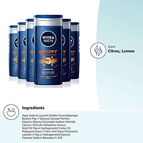 NIVEA MEN Sport Shower Gel Pack of 6 (6 x 250 ml), Anti - Bacterial Body Wash with Lime Scent