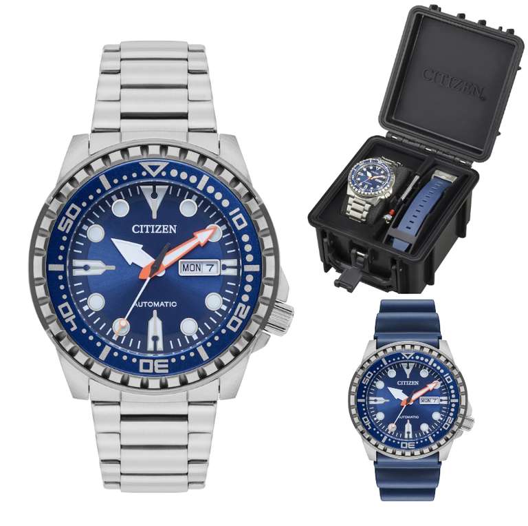 Citizen Men's Automatic Sport Diver Style Watch Set - 48mm, 100M WR, Stainless Steel, Extra Blue Rubber Strap, 6 Yrs Guarantee - with code