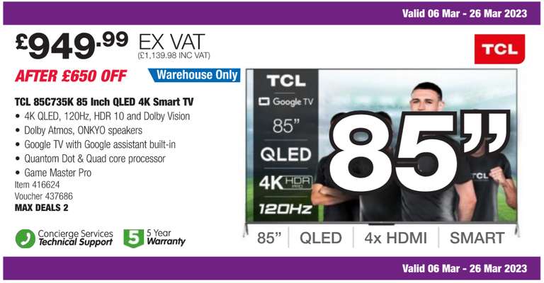 TCL 85C735K 85 Inch QLED 4K Smart TV - £1139.98 @ Costco instore from 6th March