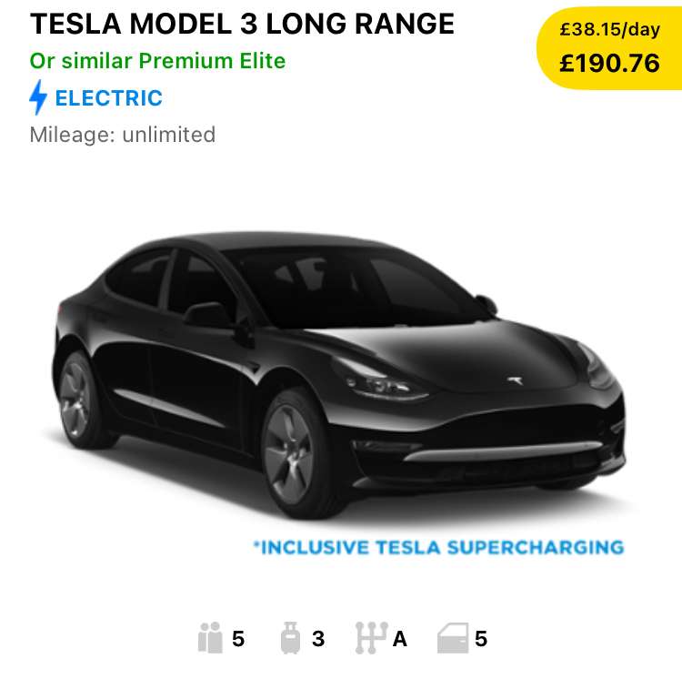Tesla Model 3 Car Rental for £38.15 a day with inclusive supercharging via app - e.g. 25-30 September (4+ days), Swindon/Northampton