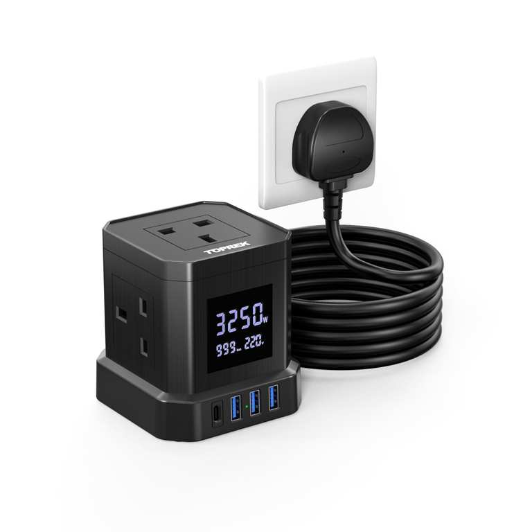 TOPREK Power Extension Lead with LED Display, Energy monitor 4AC Outlets Sold by Aiyota Store / FBA 3USB-A+1USB-C