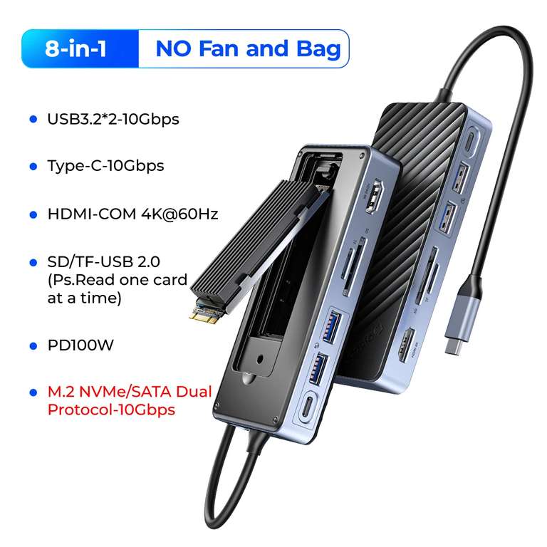 ORICO USB C HUB 8-in-1 - NVMe/ PD100W / HDMI 4K@60Hz/ USB3.2.2 - 10Gbps using codes @ Orico Official Store