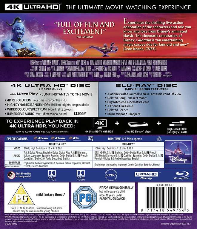 Aladdin (2019) 4K UHD + Blu-ray (Used) - £3 (Free Click & Collect) @ CeX