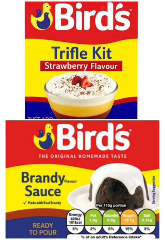Bird's Strawberry Trifle Dessert Kit 141g 19p Birds Brandy Flavour Sauce 465g 15p @ Sainsbury's Cromwell Road London