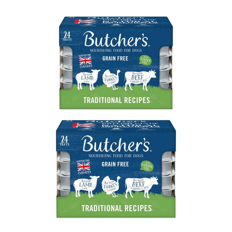 Get 2 For £22 Butcher's Complete Wet Tray Adult Dog Food Traditional Recipes Pack 24x150g (£18.10 S&S For 48 Trays)
