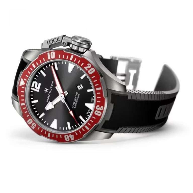 Hamilton Khaki Navy Frogman Titanium Automatic Black Dial Red Bezel Rubber Strap Mens Watch H77805335