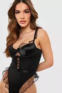 Frill Bodysuit in black now £13.50 with Free Delivery Code Sold & delivered by boohoo @ Debenhams