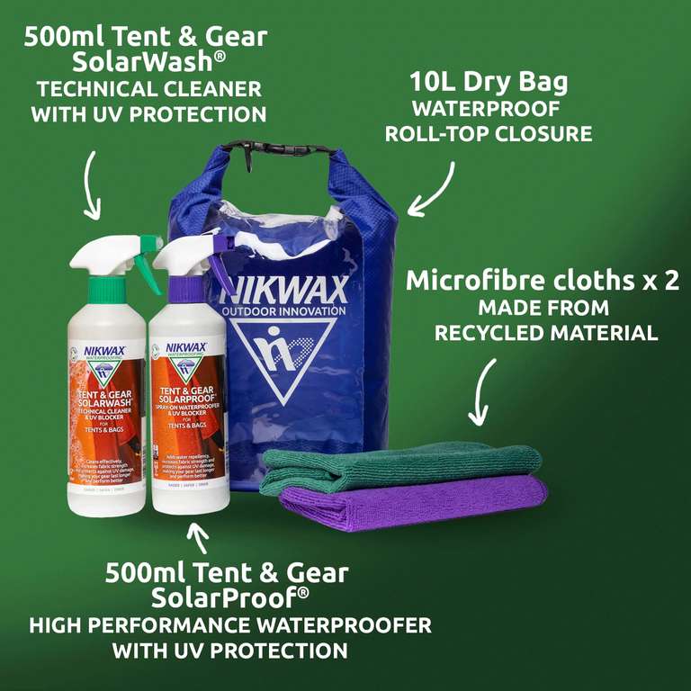 Nikwax Camping Care Kit – cleaning, waterproofing, UV protection - Tent & Gear SolarWash + SolarProof + 10L Dry Bag, sold and FB Nikwax Ltd