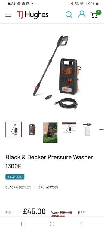 Black and Decker high pressure washer BXPW1300E £48.99 delivered @ TJ Hughes