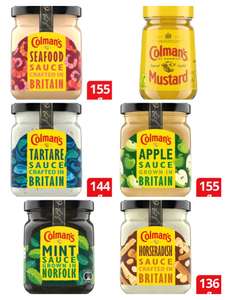 Colman's Mint Sauce 165g/Mustard 100g/Bramley Apple Sauce 155g/Tartare Sauce 144g/Seafood Sauce 155g/Horseradish Sauce 136g