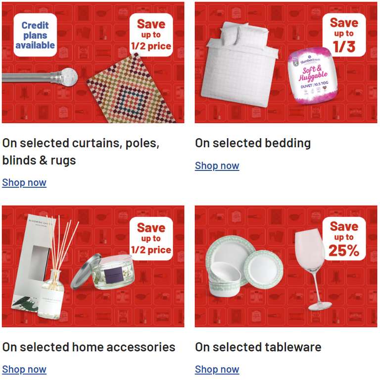 Homeware sale (up to 50% off) - Eg Slumberdown Duvet 10.5 tog' for £10 (single) or £12 (double) - Free Collection @ Argos