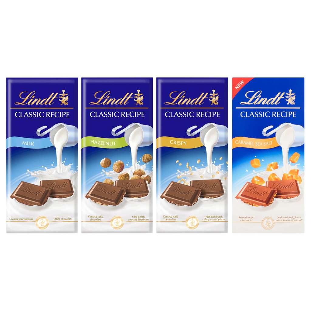 Lindt Classic Recipe Chocolate Bars 125g (Milk / Hazelnut / Crispy ...