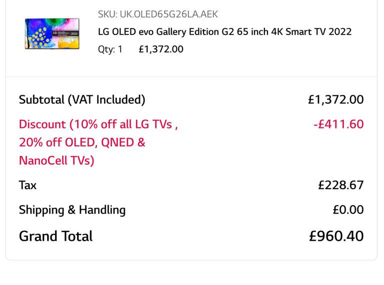 LG OLED evo Gallery Edition G2 65 inch 4K Smart TV 2022 Via Blue Light Discount Code