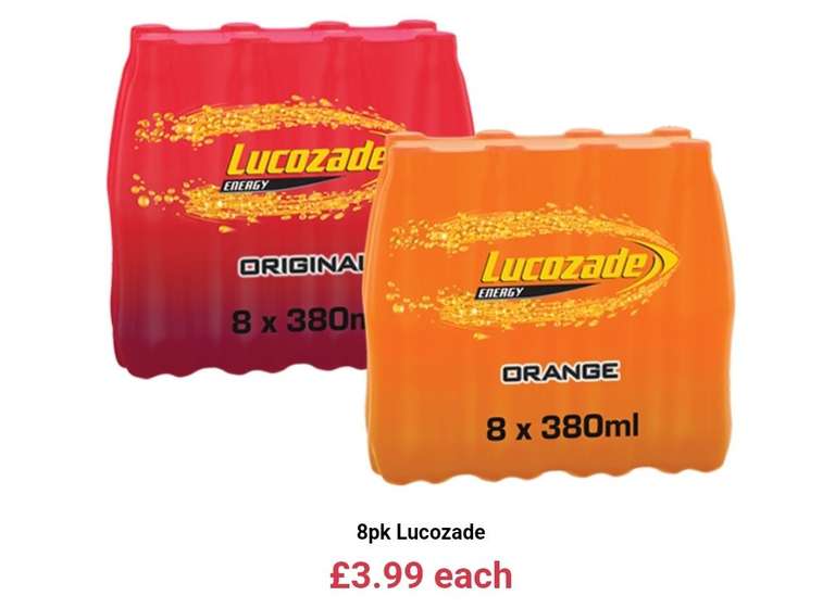 Lucozade 8x380ml Orange/Original - £3.99 @ Farmfoods