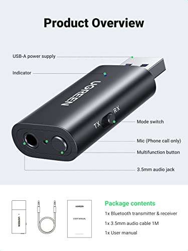 UGREEN Bluetooth 5.1 Transmitter and Receiver 2-in-1, Bluetooth Aux Adapter with Audio Jack - £12.79 - Sold by UGREEN GROUP / FBA