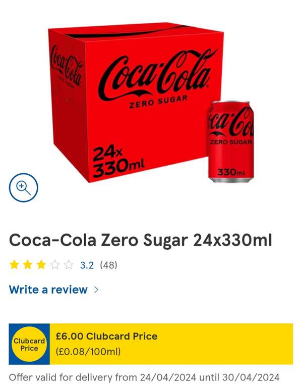 Coke Zero 24pk - Clubcard Price