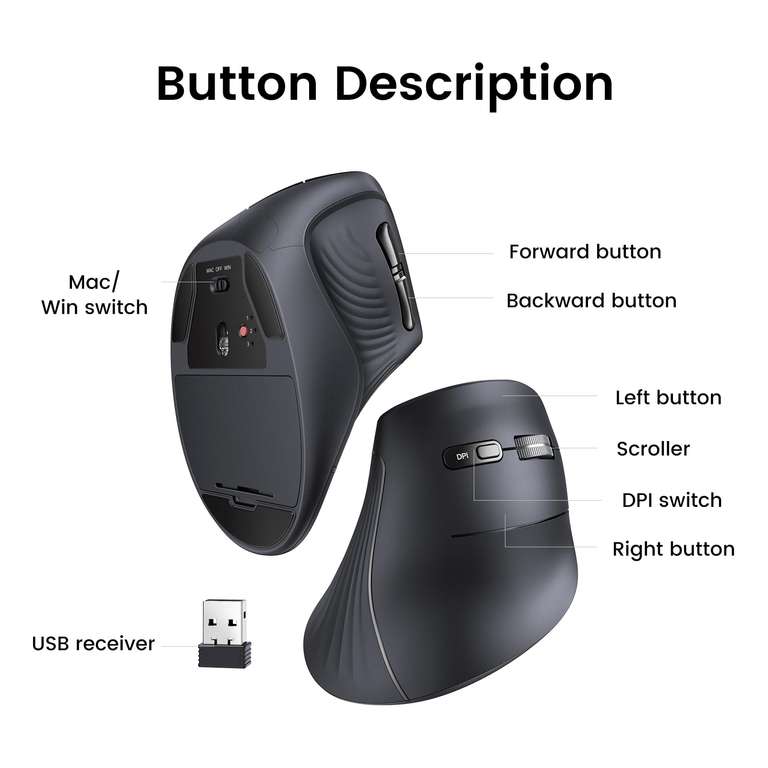 Ugreen Ergonomic Vertical Bluetooth / 2.4GHz Wireless Mouse - Connects Up to 3 Mac/PCs At Once - Sold By Ugreen Group Limited UK