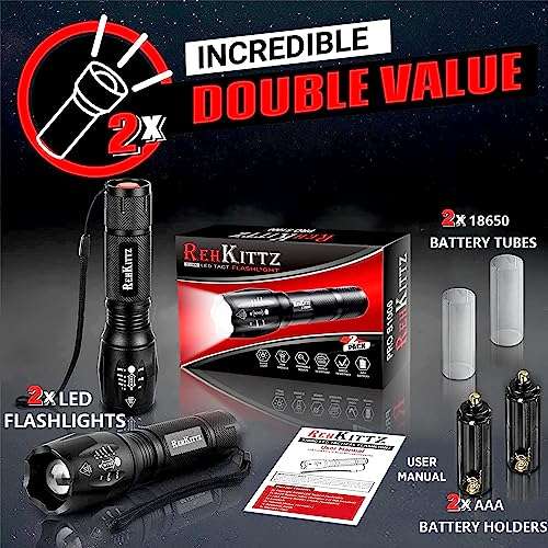 REHKITTZ Torch, Torches Led Super Bright 2000 Lumen, Adjustable Focus Torch with 5 Lighting Modes, Pocket Size (2 Pack) - Sold by 4US / FBA