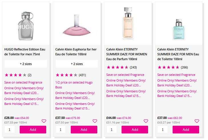 Spend & Save On Fragrance - Save £15 When You Spend £75, Save £20 With £100 Spend @ Superdrug (Examples In Post)