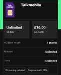 Unlimited data sim £16 per month. 1 month contract. Talk Mobile via Uswitch