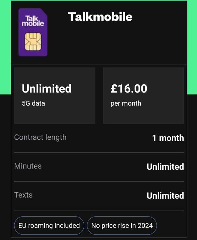 Unlimited data sim £16 per month. 1 month contract. Talk Mobile via Uswitch
