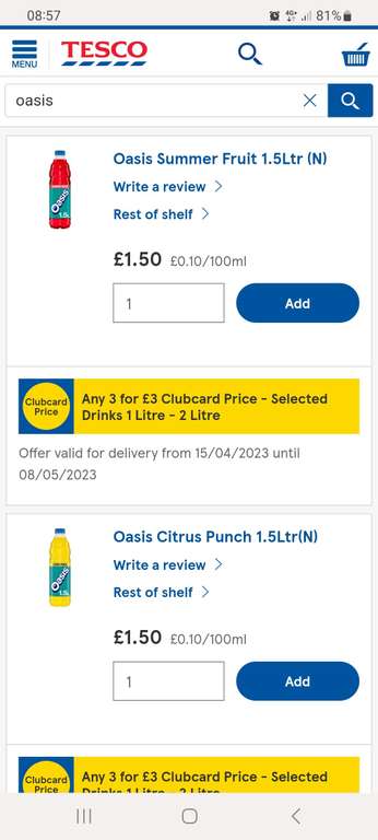3 x Bottles 1.5L Oasis Drink Clubcard Price £3 @ Tesco